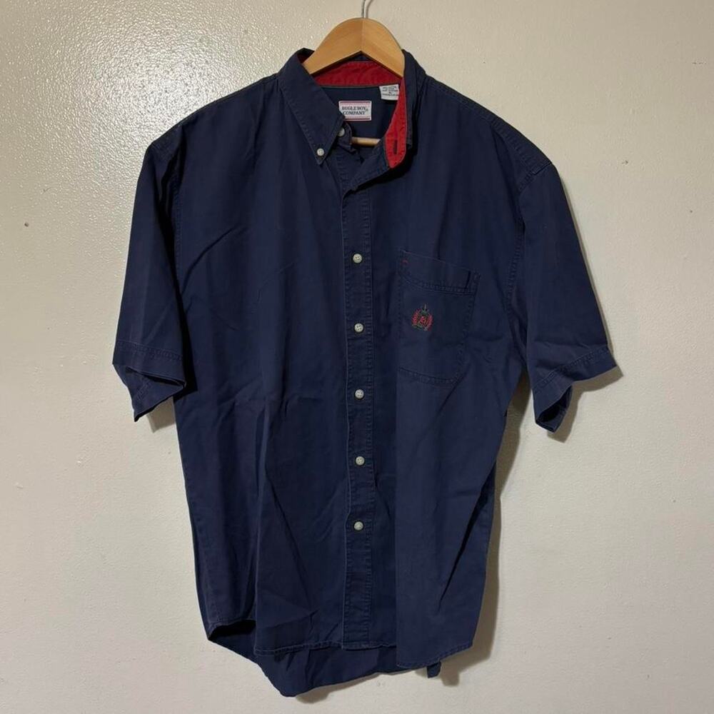 Vintage 90s Bugle Boy Company Navy Short Sleeve Button Down Shirt Size Men’s XL